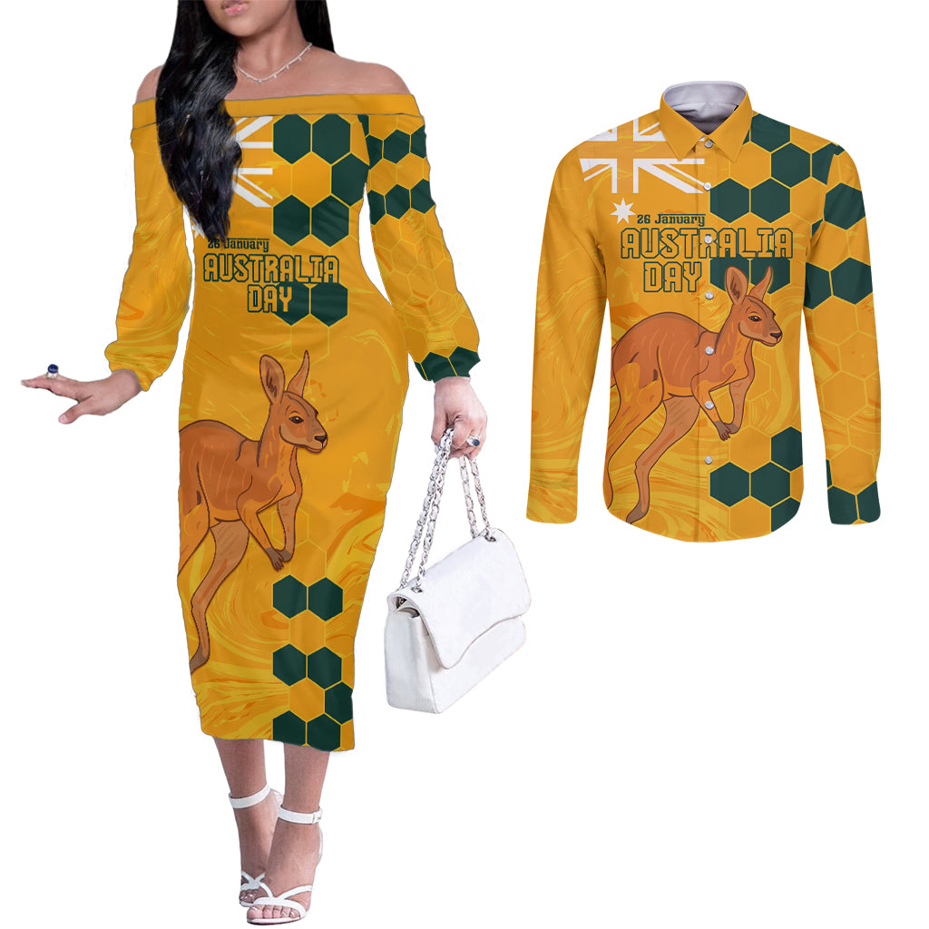 Custom Australia Day Soccer Socceroos Couples Matching Off The Shoulder Long Sleeve Dress and Long Sleeve Button Shirt We Are One And Free