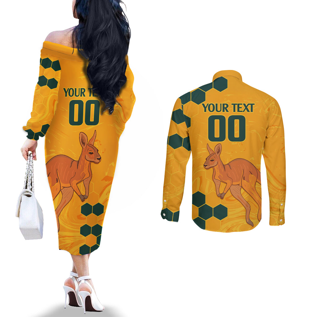 Custom Australia Day Soccer Socceroos Couples Matching Off The Shoulder Long Sleeve Dress and Long Sleeve Button Shirt We Are One And Free