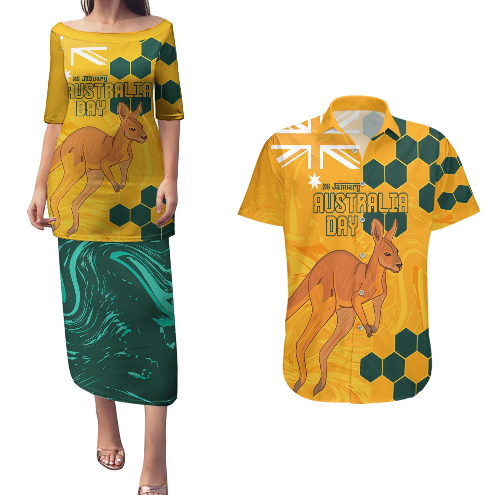 Custom Australia Day Soccer Socceroos Couples Matching Puletasi and Hawaiian Shirt We Are One And Free