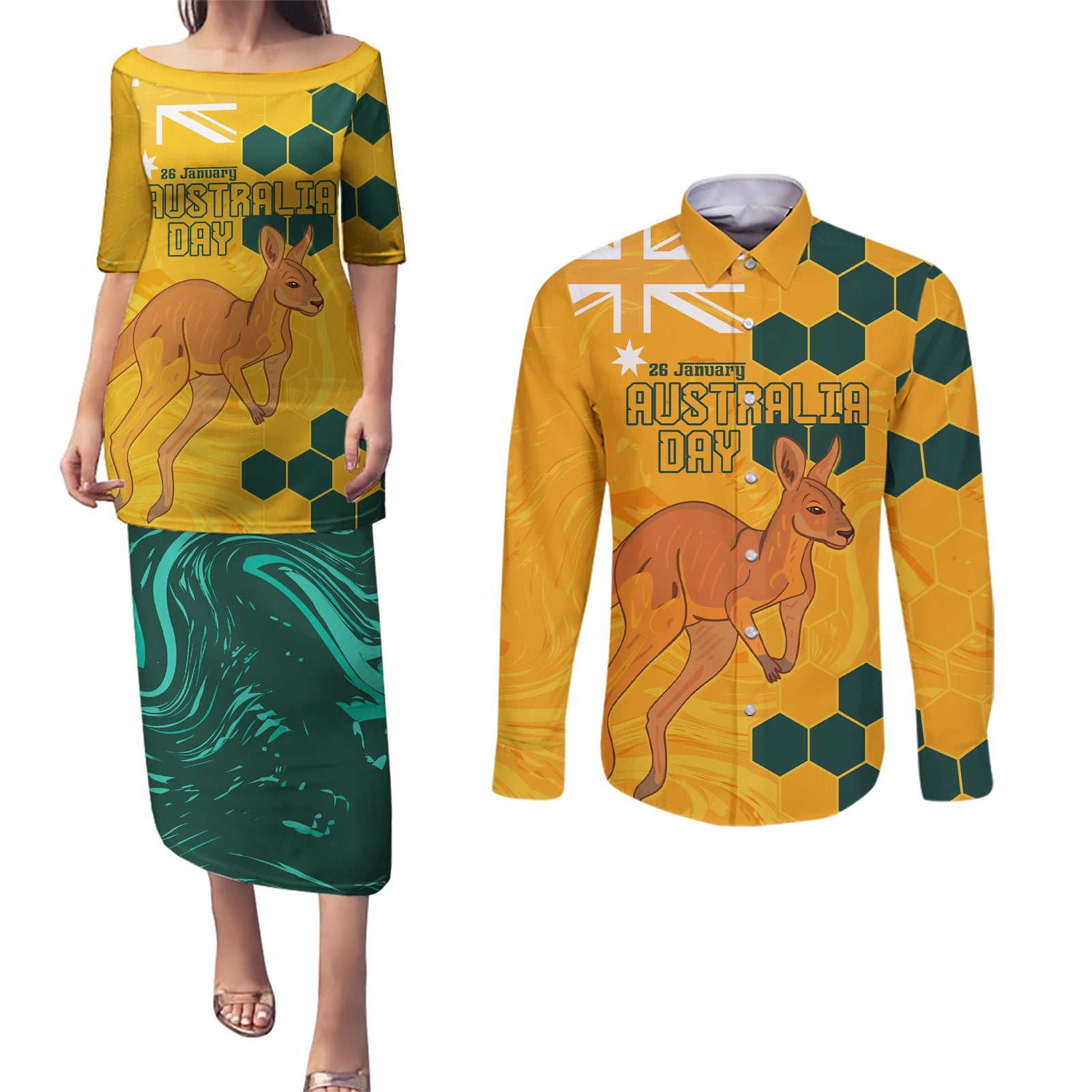 Custom Australia Day Soccer Socceroos Couples Matching Puletasi and Long Sleeve Button Shirt We Are One And Free