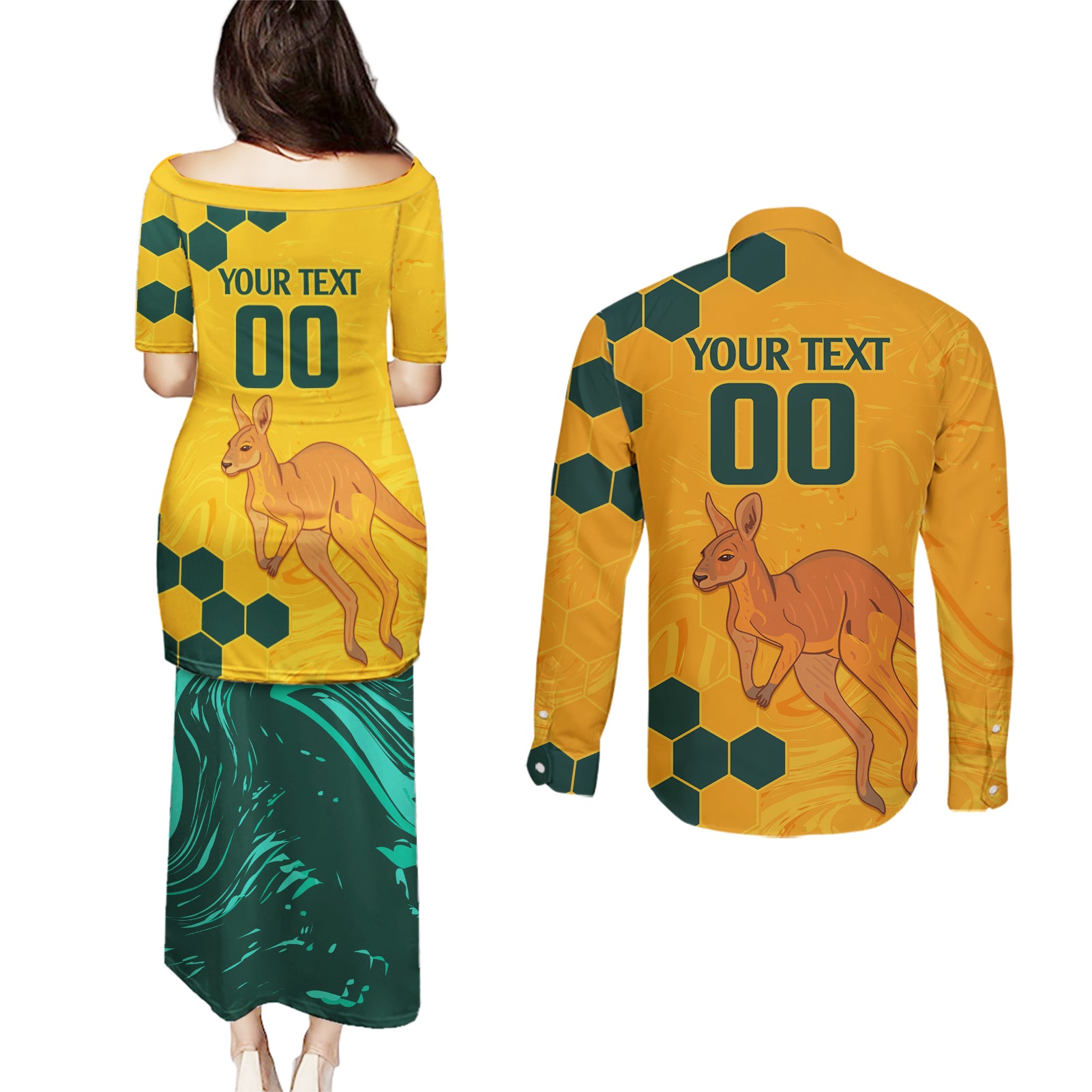 Custom Australia Day Soccer Socceroos Couples Matching Puletasi and Long Sleeve Button Shirt We Are One And Free