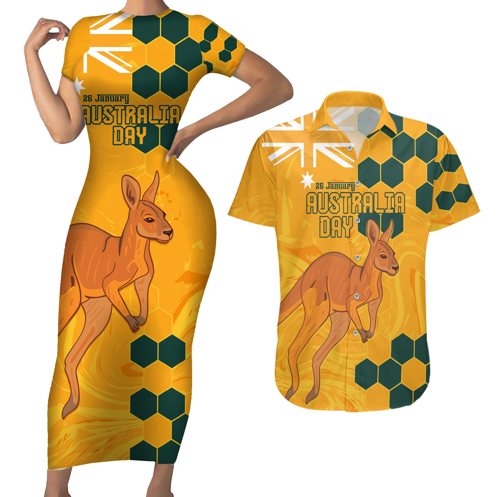 Custom Australia Day Soccer Socceroos Couples Matching Short Sleeve Bodycon Dress and Hawaiian Shirt We Are One And Free