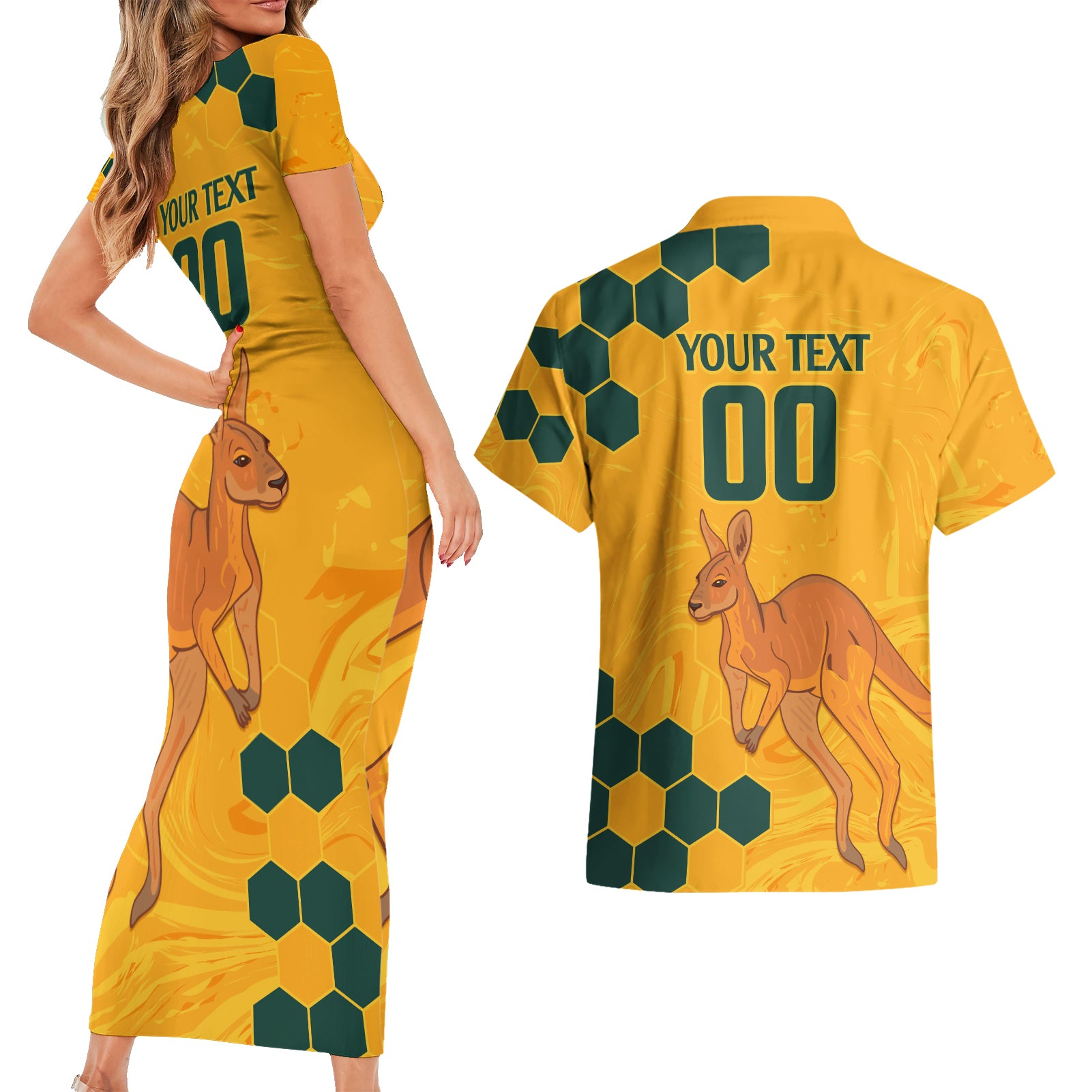 Custom Australia Day Soccer Socceroos Couples Matching Short Sleeve Bodycon Dress and Hawaiian Shirt We Are One And Free