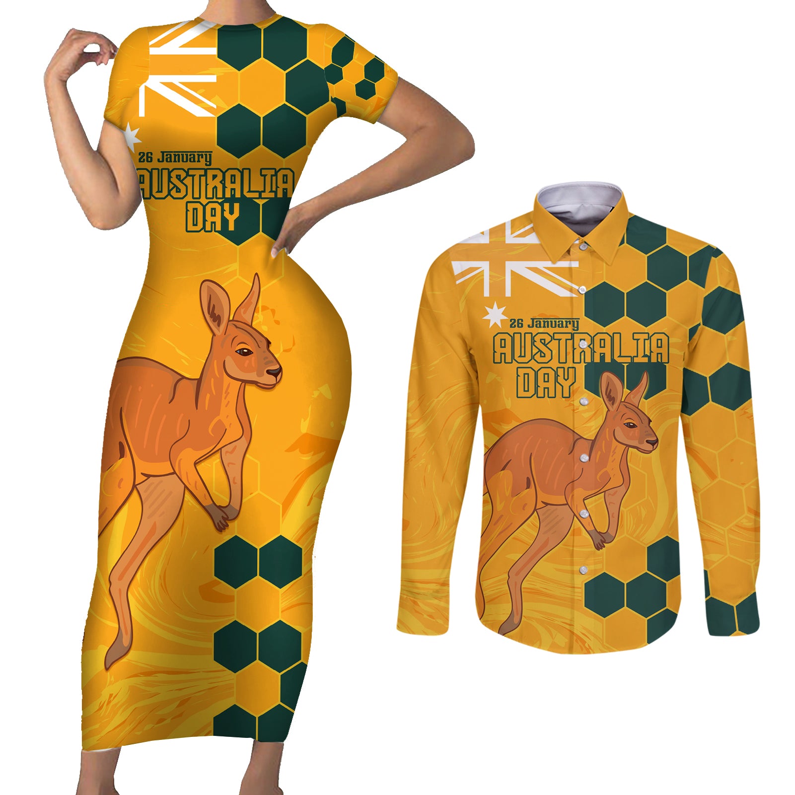 Custom Australia Day Soccer Socceroos Couples Matching Short Sleeve Bodycon Dress and Long Sleeve Button Shirt We Are One And Free