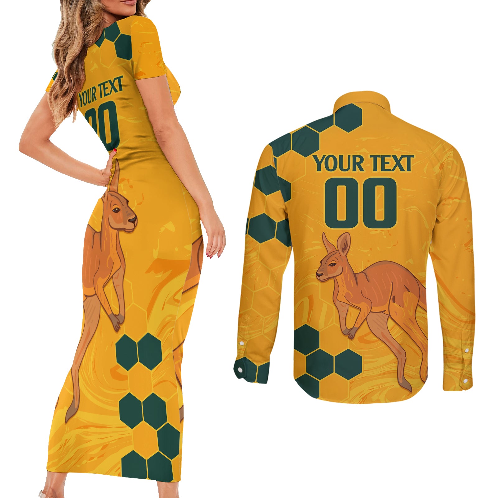 Custom Australia Day Soccer Socceroos Couples Matching Short Sleeve Bodycon Dress and Long Sleeve Button Shirt We Are One And Free