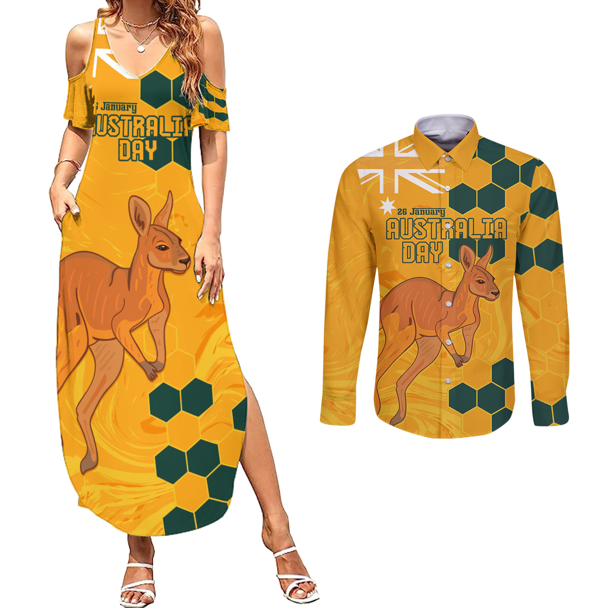 Custom Australia Day Soccer Socceroos Couples Matching Summer Maxi Dress and Long Sleeve Button Shirt We Are One And Free