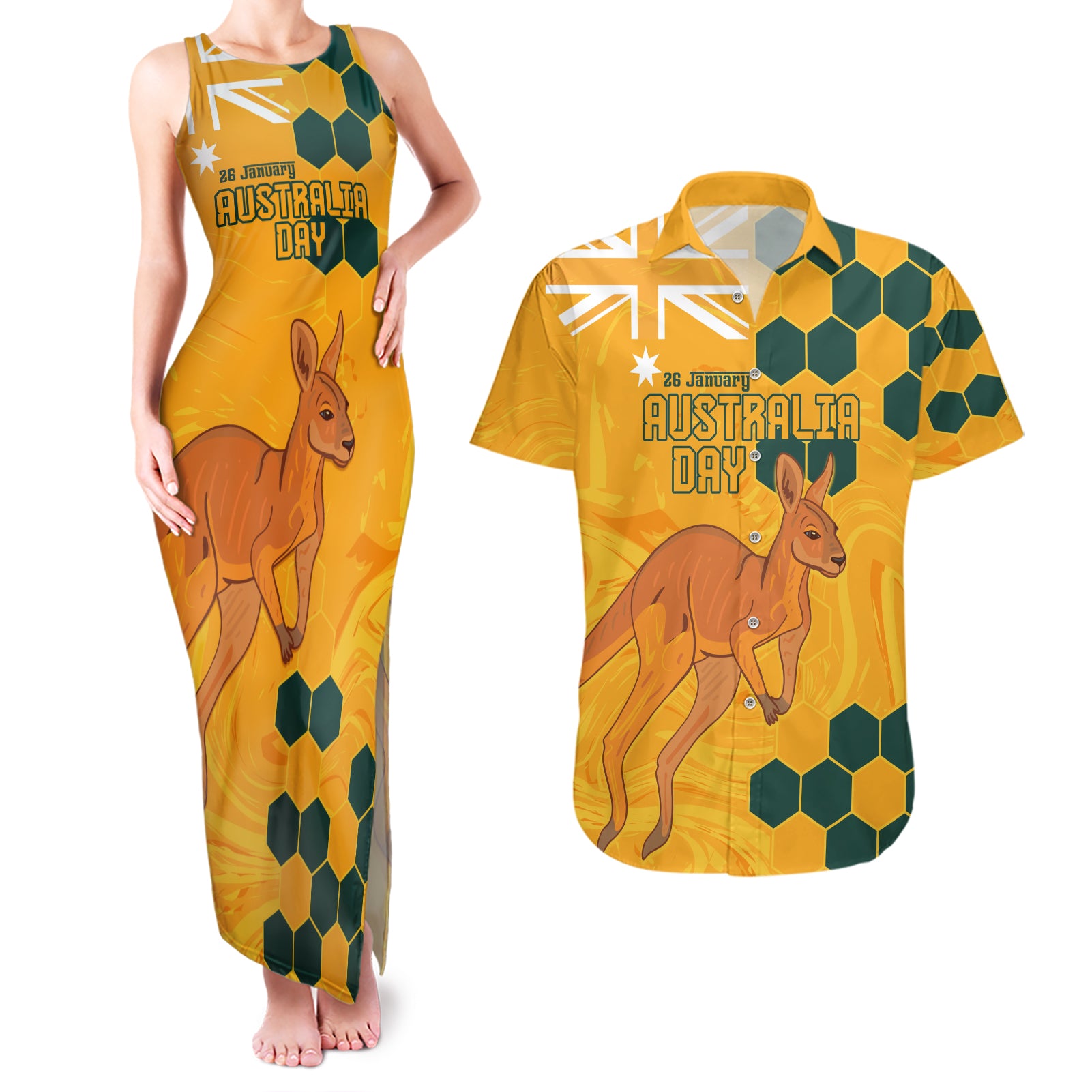 Custom Australia Day Soccer Socceroos Couples Matching Tank Maxi Dress and Hawaiian Shirt We Are One And Free