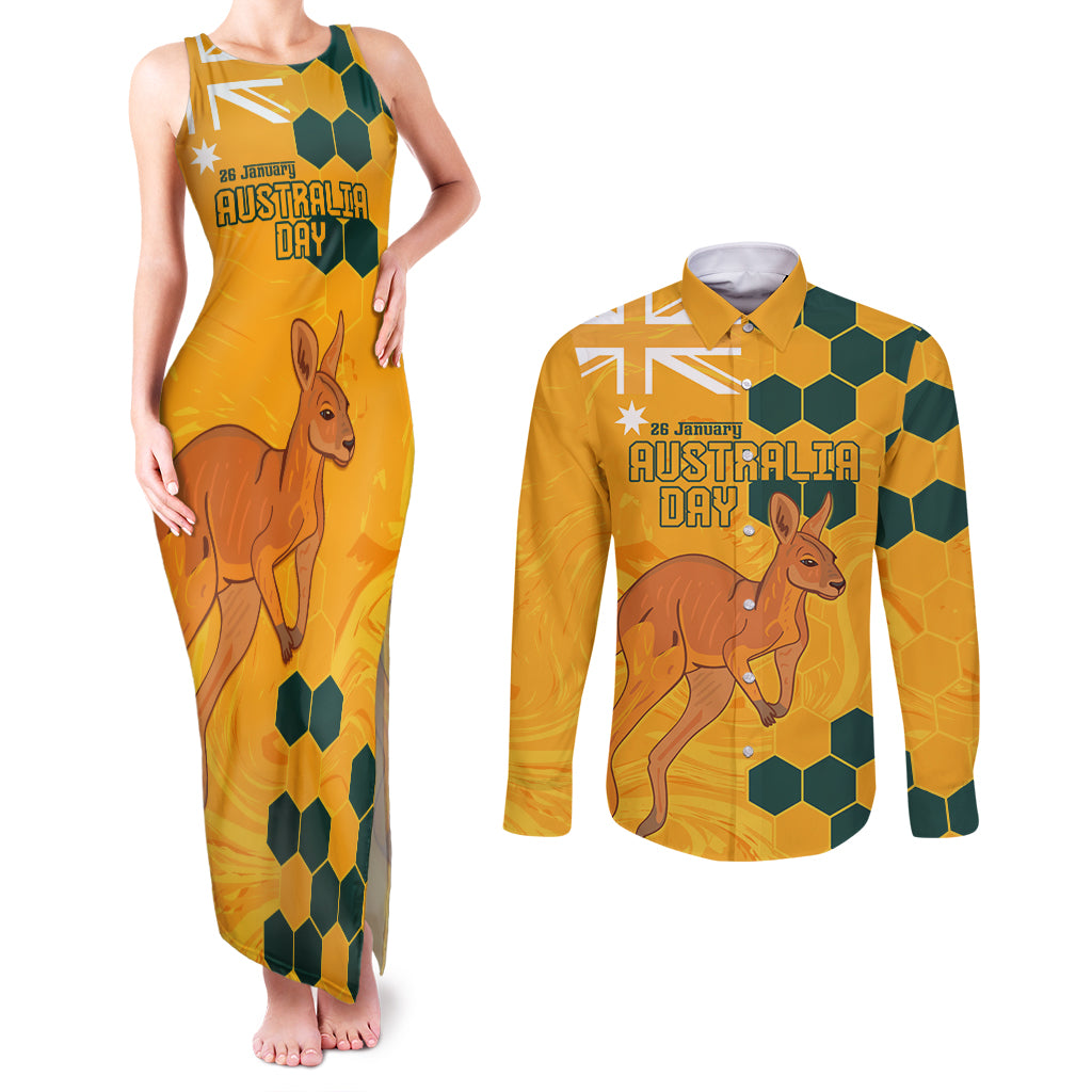 Custom Australia Day Soccer Socceroos Couples Matching Tank Maxi Dress and Long Sleeve Button Shirt We Are One And Free