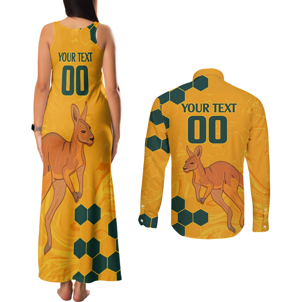 Custom Australia Day Soccer Socceroos Couples Matching Tank Maxi Dress and Long Sleeve Button Shirt We Are One And Free