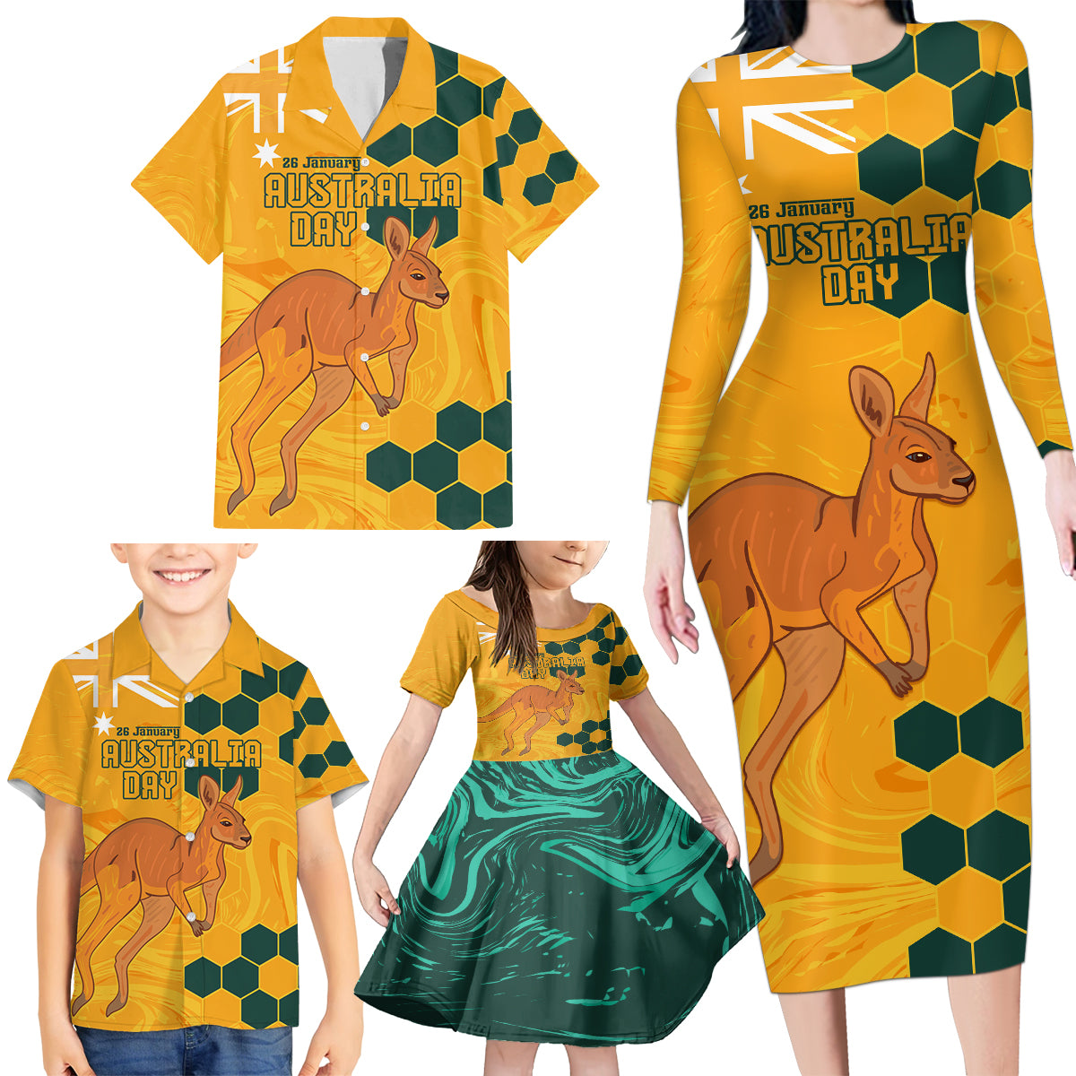 Custom Australia Day Soccer Socceroos Family Matching Long Sleeve Bodycon Dress and Hawaiian Shirt We Are One And Free