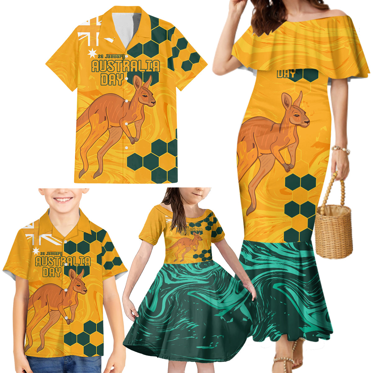 Custom Australia Day Soccer Socceroos Family Matching Mermaid Dress and Hawaiian Shirt We Are One And Free