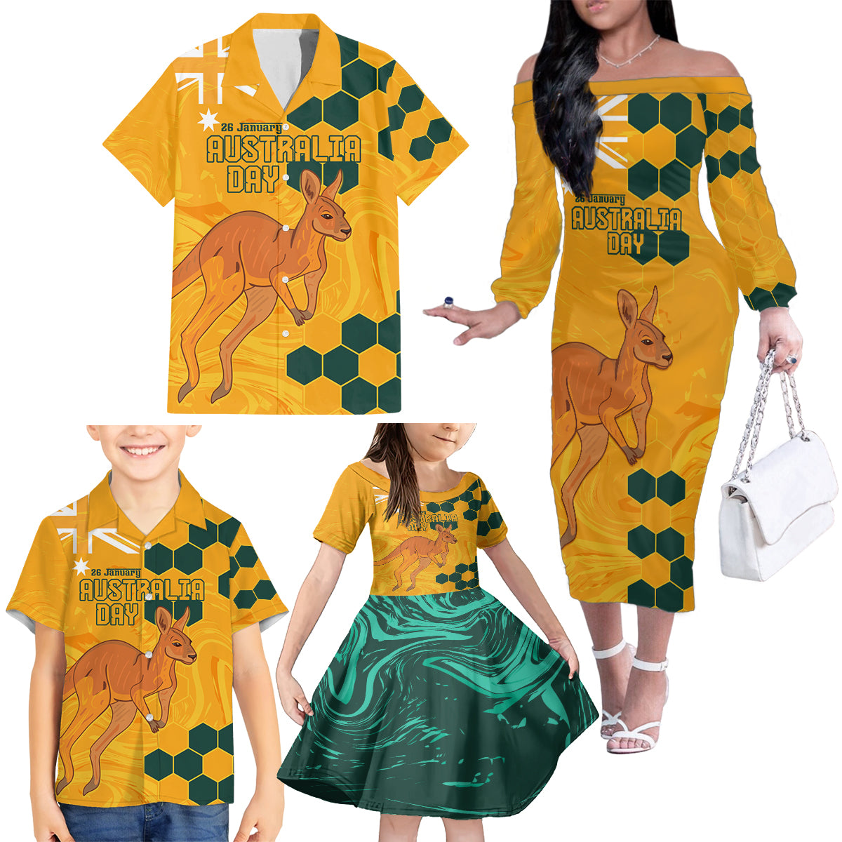 Custom Australia Day Soccer Socceroos Family Matching Off Shoulder Long Sleeve Dress and Hawaiian Shirt We Are One And Free