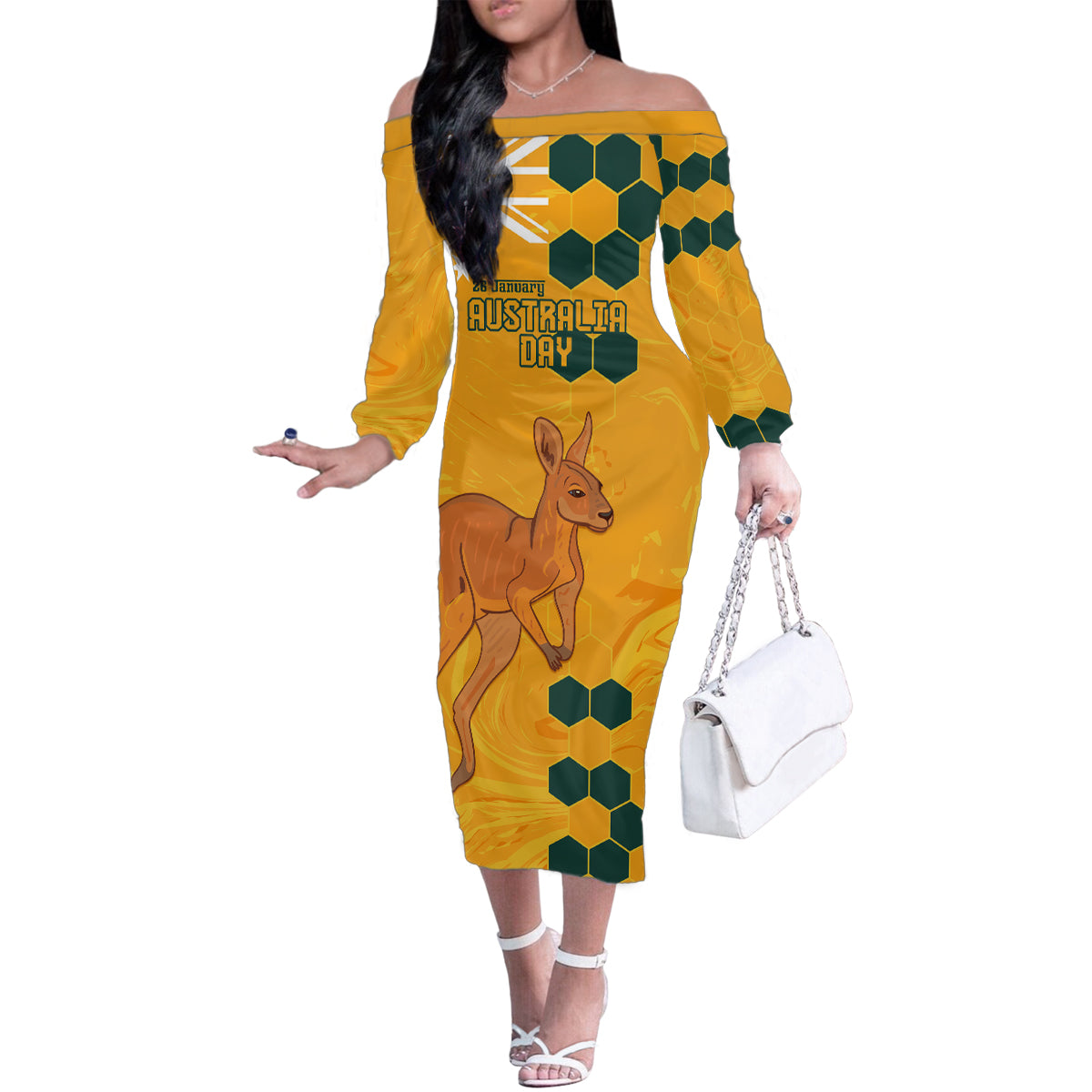 Custom Australia Day Soccer Socceroos Family Matching Off Shoulder Long Sleeve Dress and Hawaiian Shirt We Are One And Free