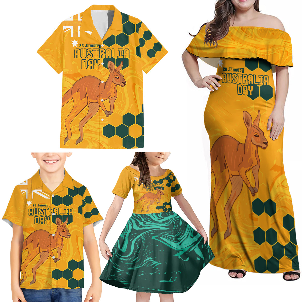 Custom Australia Day Soccer Socceroos Family Matching Off Shoulder Maxi Dress and Hawaiian Shirt We Are One And Free