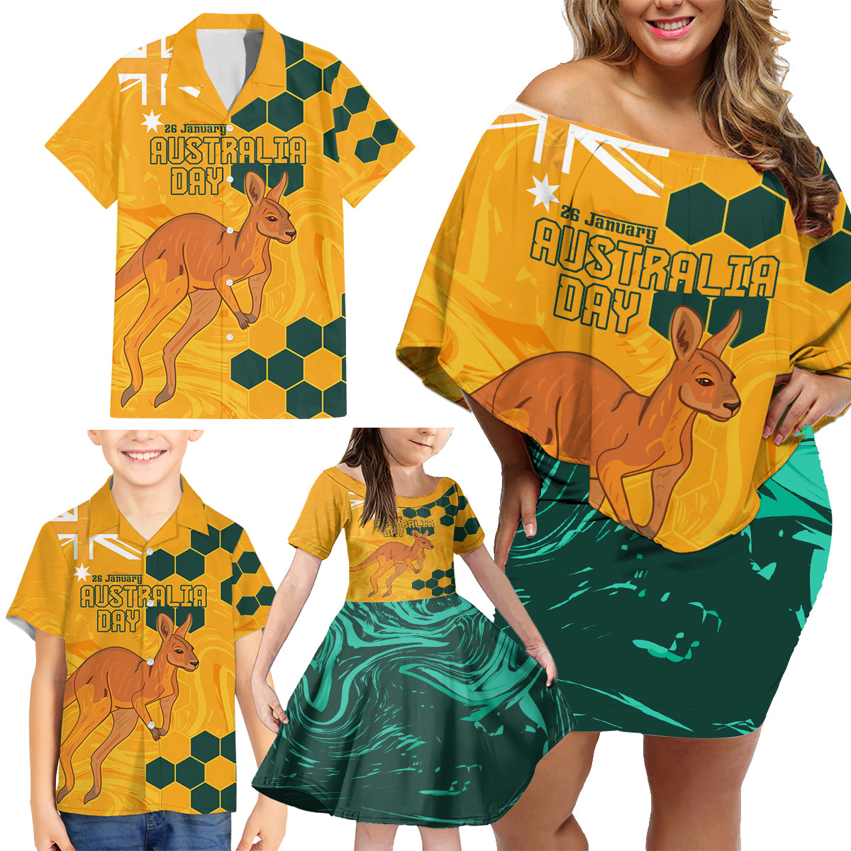 Custom Australia Day Soccer Socceroos Family Matching Off Shoulder Short Dress and Hawaiian Shirt We Are One And Free