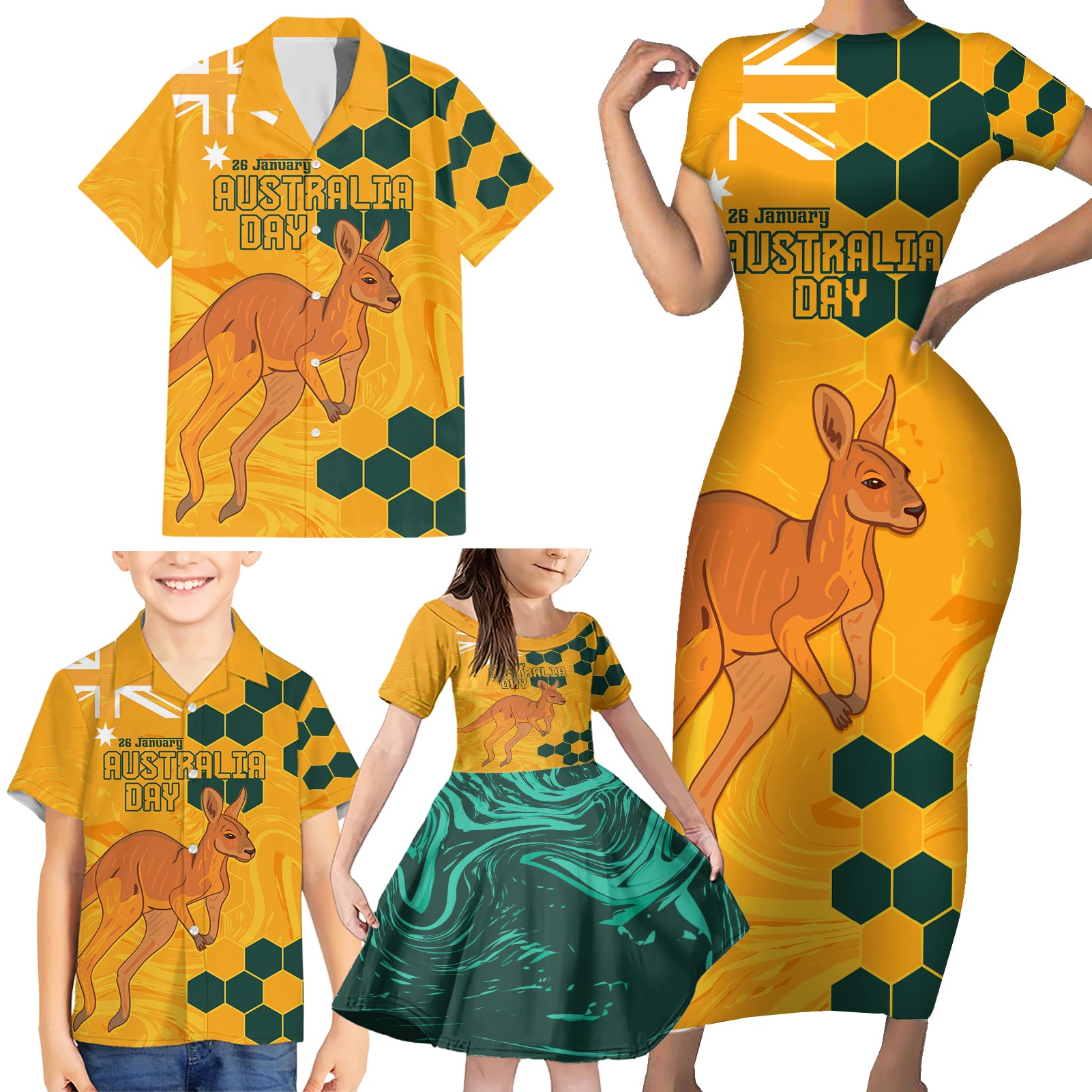 Custom Australia Day Soccer Socceroos Family Matching Short Sleeve Bodycon Dress and Hawaiian Shirt We Are One And Free