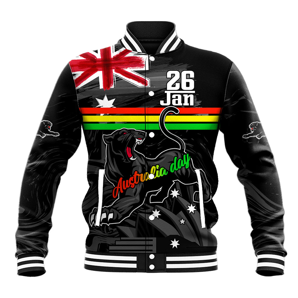 Personalised NRL Panthers Australia Day Baseball Jacket Proud Of Our Boys Black - Vibe Hoodie Shop