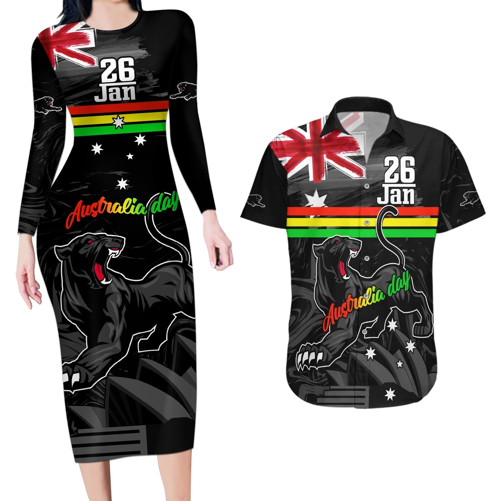 Personalised NRL Panthers Australia Day Couples Matching Long Sleeve Bodycon Dress and Hawaiian Shirt Proud Of Our Boys Black