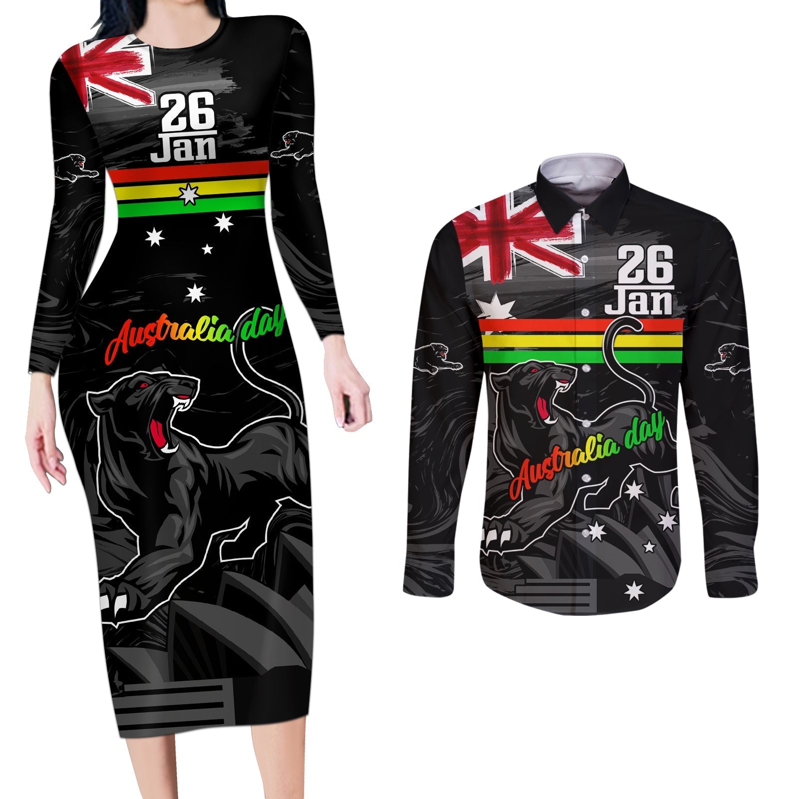 Personalised NRL Panthers Australia Day Couples Matching Long Sleeve Bodycon Dress and Long Sleeve Button Shirt Proud Of Our Boys Black