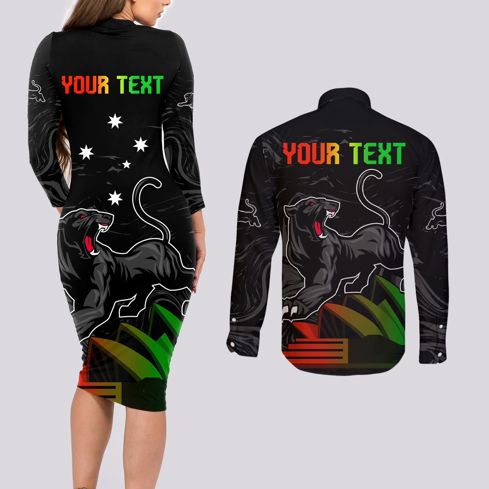 Personalised NRL Panthers Australia Day Couples Matching Long Sleeve Bodycon Dress and Long Sleeve Button Shirt Proud Of Our Boys Black