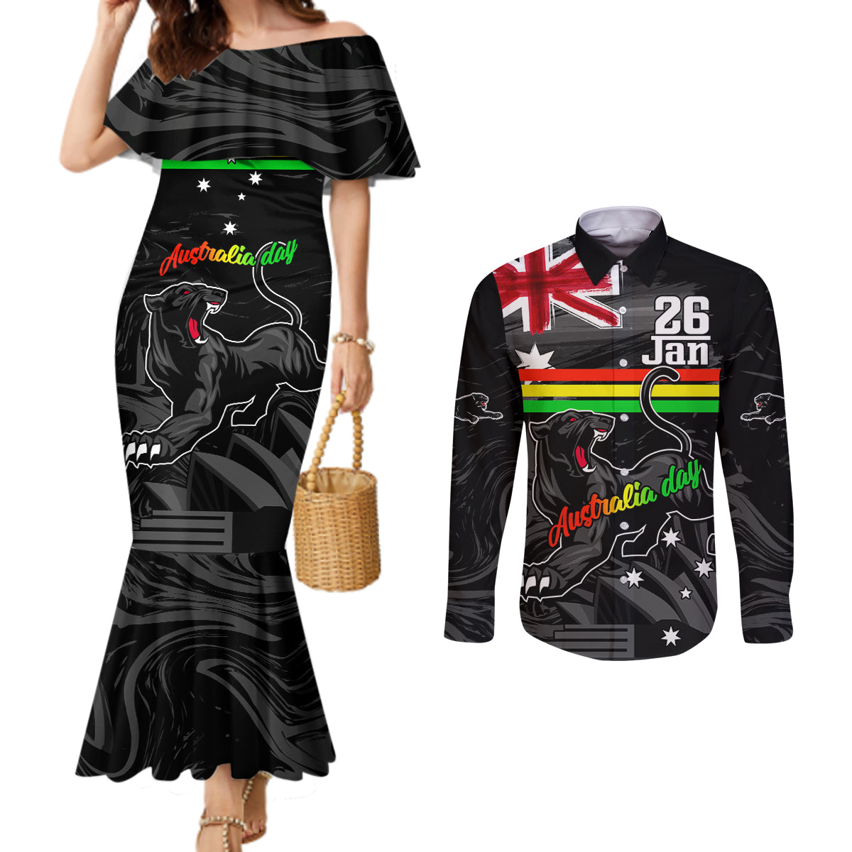 Personalised NRL Panthers Australia Day Couples Matching Mermaid Dress and Long Sleeve Button Shirt Proud Of Our Boys Black