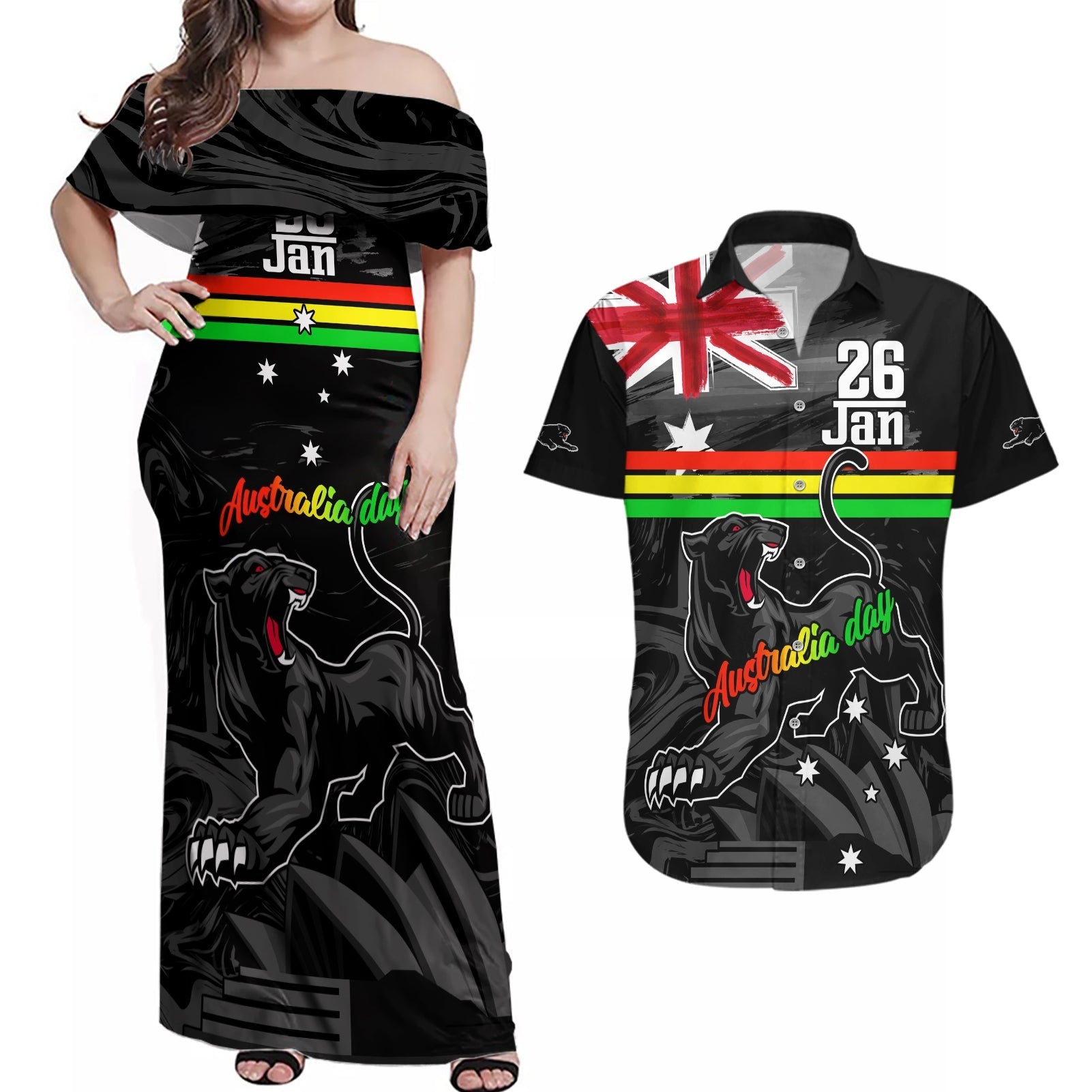 Personalised NRL Panthers Australia Day Couples Matching Off Shoulder Maxi Dress and Hawaiian Shirt Proud Of Our Boys Black