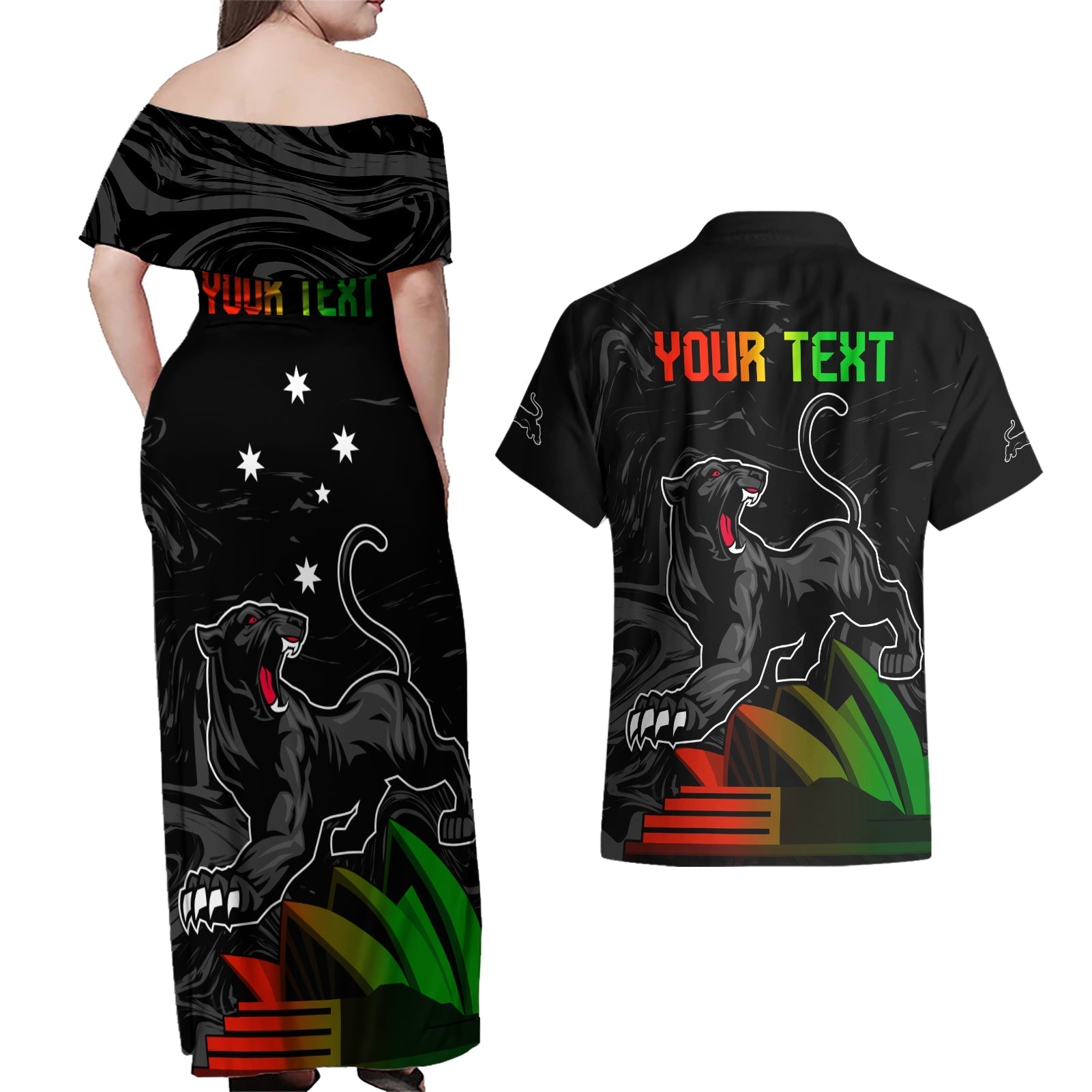 Personalised NRL Panthers Australia Day Couples Matching Off Shoulder Maxi Dress and Hawaiian Shirt Proud Of Our Boys Black