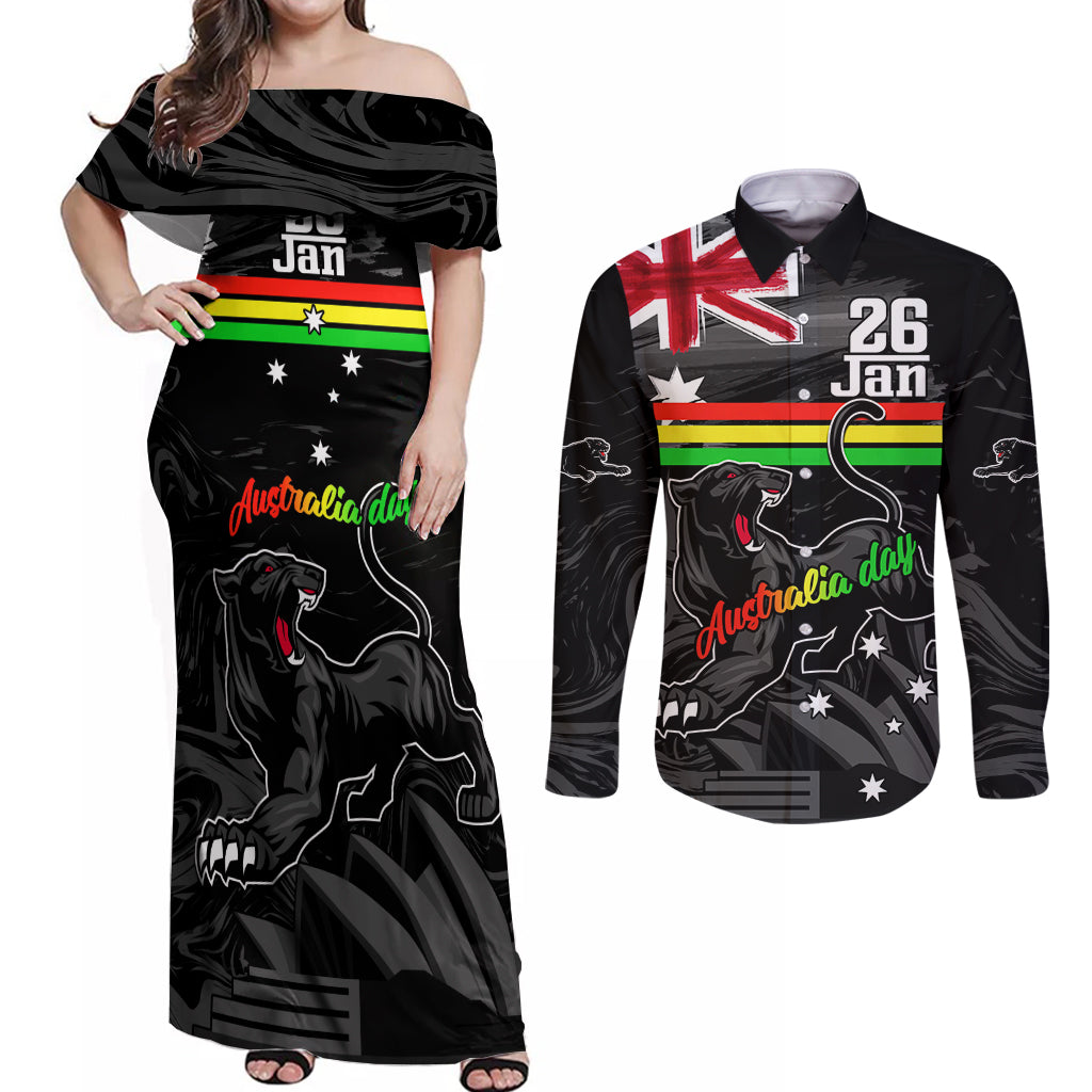 Personalised NRL Panthers Australia Day Couples Matching Off Shoulder Maxi Dress and Long Sleeve Button Shirt Proud Of Our Boys Black