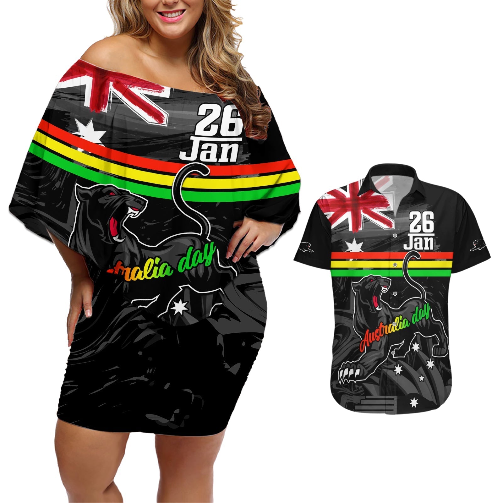 Personalised NRL Panthers Australia Day Couples Matching Off Shoulder Short Dress and Hawaiian Shirt Proud Of Our Boys Black