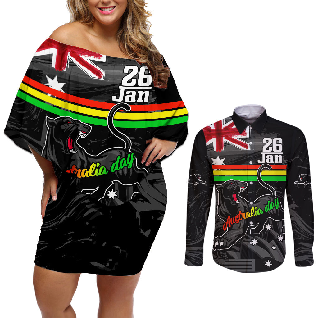 Personalised NRL Panthers Australia Day Couples Matching Off Shoulder Short Dress and Long Sleeve Button Shirt Proud Of Our Boys Black