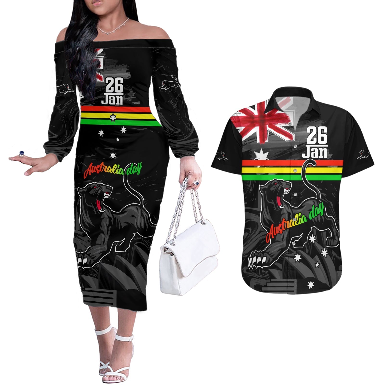 Personalised NRL Panthers Australia Day Couples Matching Off The Shoulder Long Sleeve Dress and Hawaiian Shirt Proud Of Our Boys Black