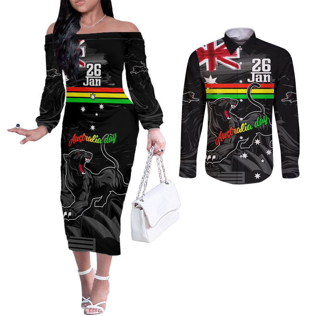 Personalised NRL Panthers Australia Day Couples Matching Off The Shoulder Long Sleeve Dress and Long Sleeve Button Shirt Proud Of Our Boys Black