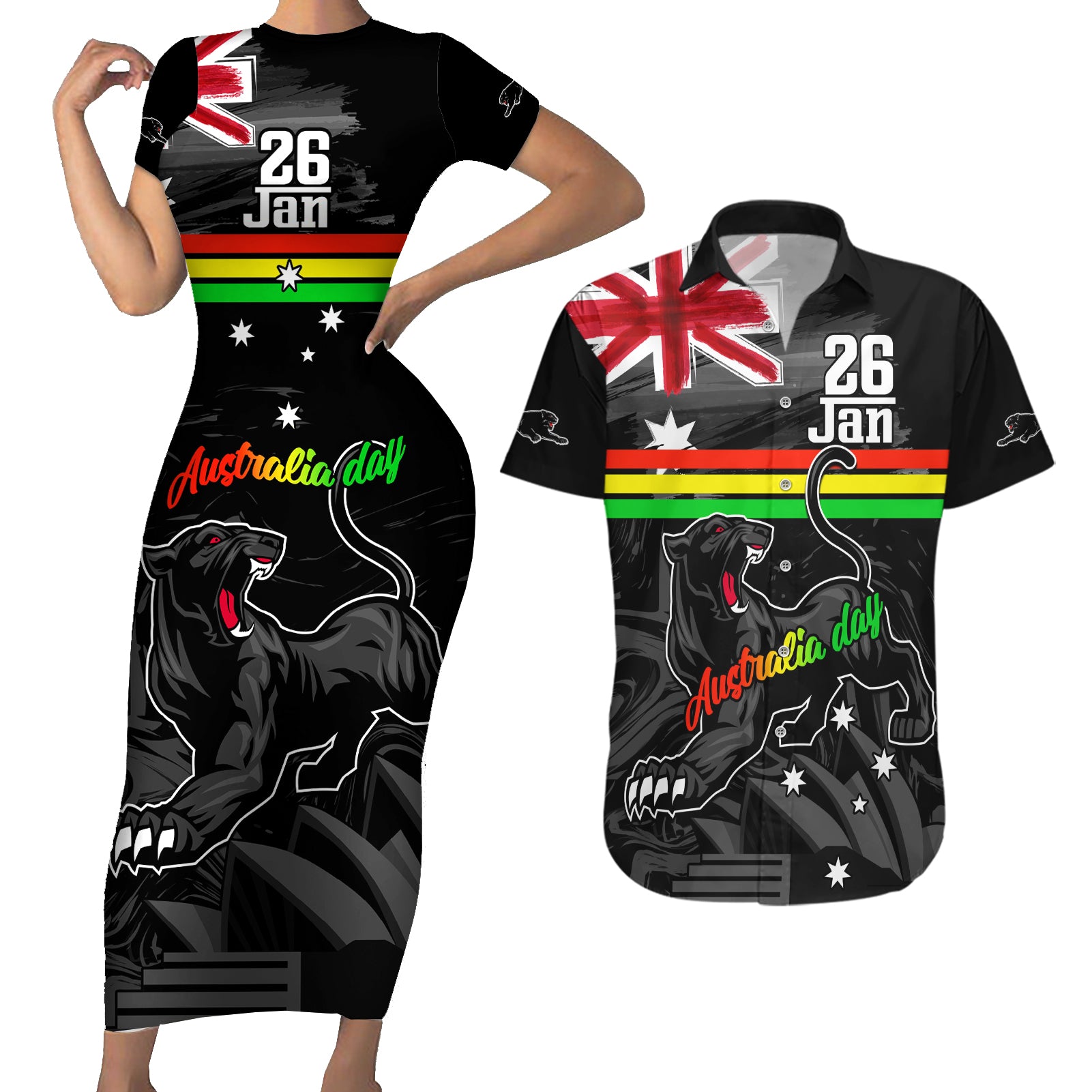 Personalised NRL Panthers Australia Day Couples Matching Short Sleeve Bodycon Dress and Hawaiian Shirt Proud Of Our Boys Black