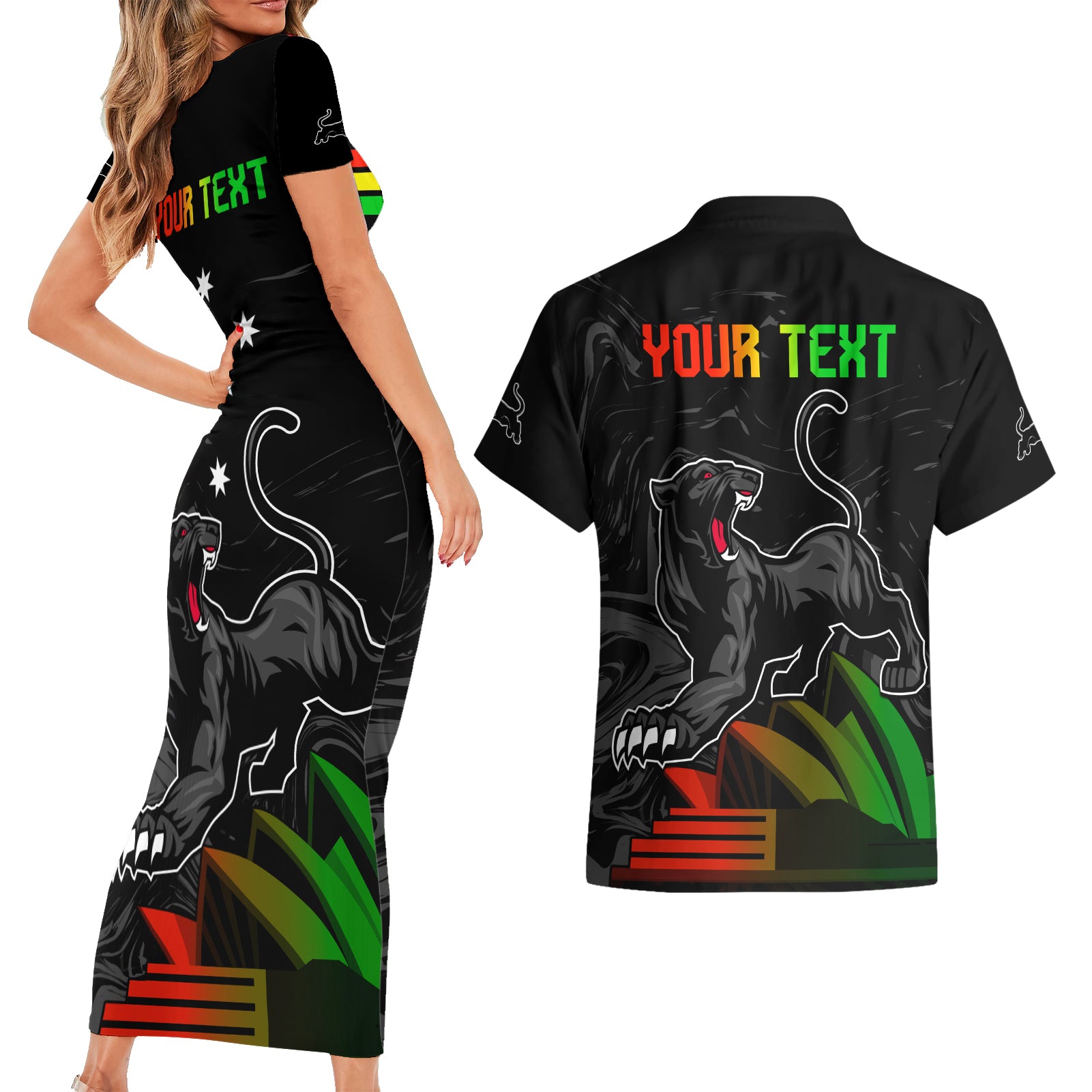 Personalised NRL Panthers Australia Day Couples Matching Short Sleeve Bodycon Dress and Hawaiian Shirt Proud Of Our Boys Black