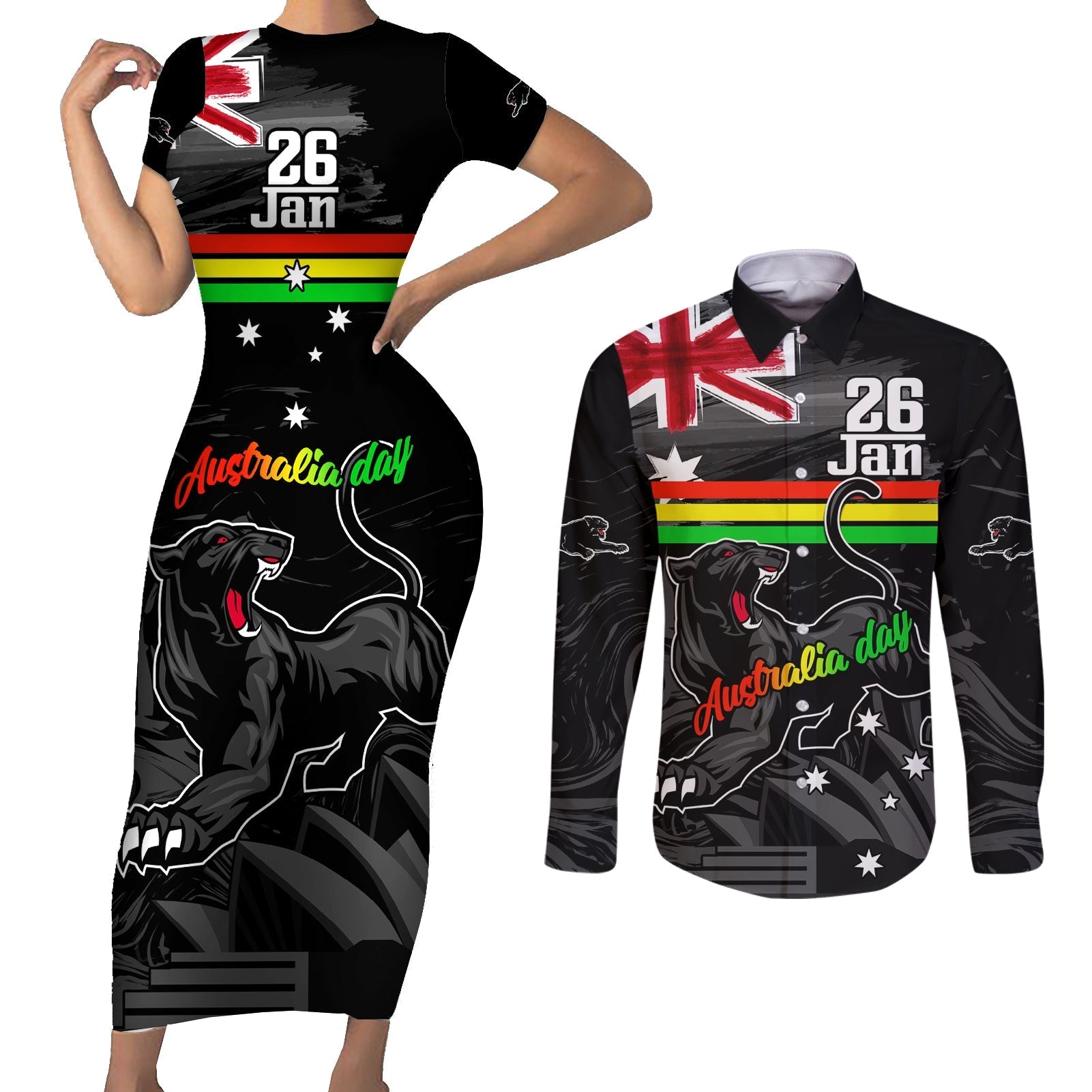 Personalised NRL Panthers Australia Day Couples Matching Short Sleeve Bodycon Dress and Long Sleeve Button Shirt Proud Of Our Boys Black