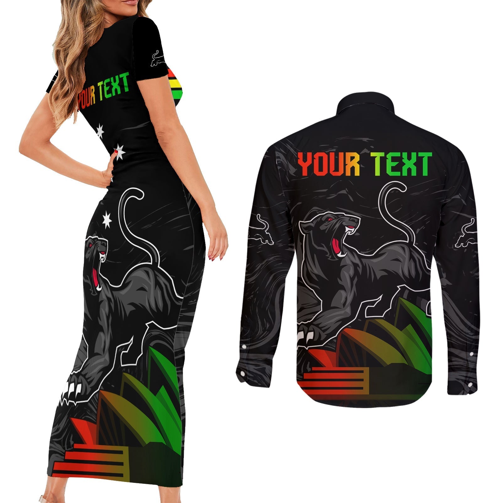 Personalised NRL Panthers Australia Day Couples Matching Short Sleeve Bodycon Dress and Long Sleeve Button Shirt Proud Of Our Boys Black