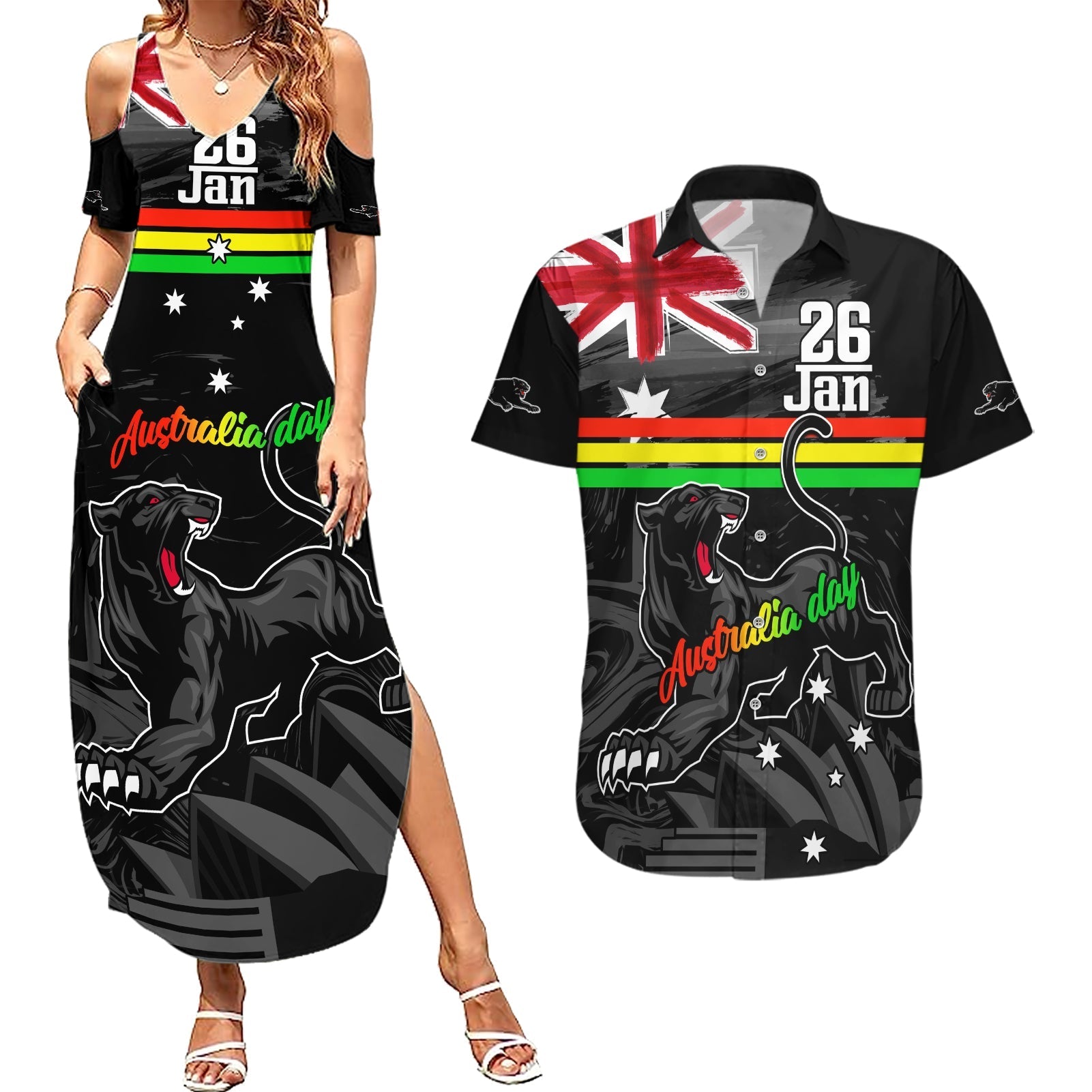 Personalised NRL Panthers Australia Day Couples Matching Summer Maxi Dress and Hawaiian Shirt Proud Of Our Boys Black