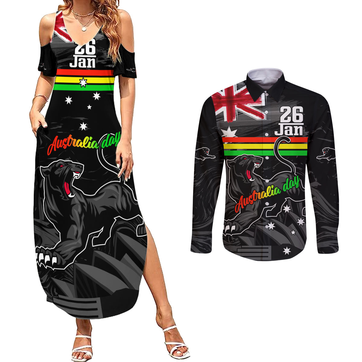 Personalised NRL Panthers Australia Day Couples Matching Summer Maxi Dress and Long Sleeve Button Shirt Proud Of Our Boys Black