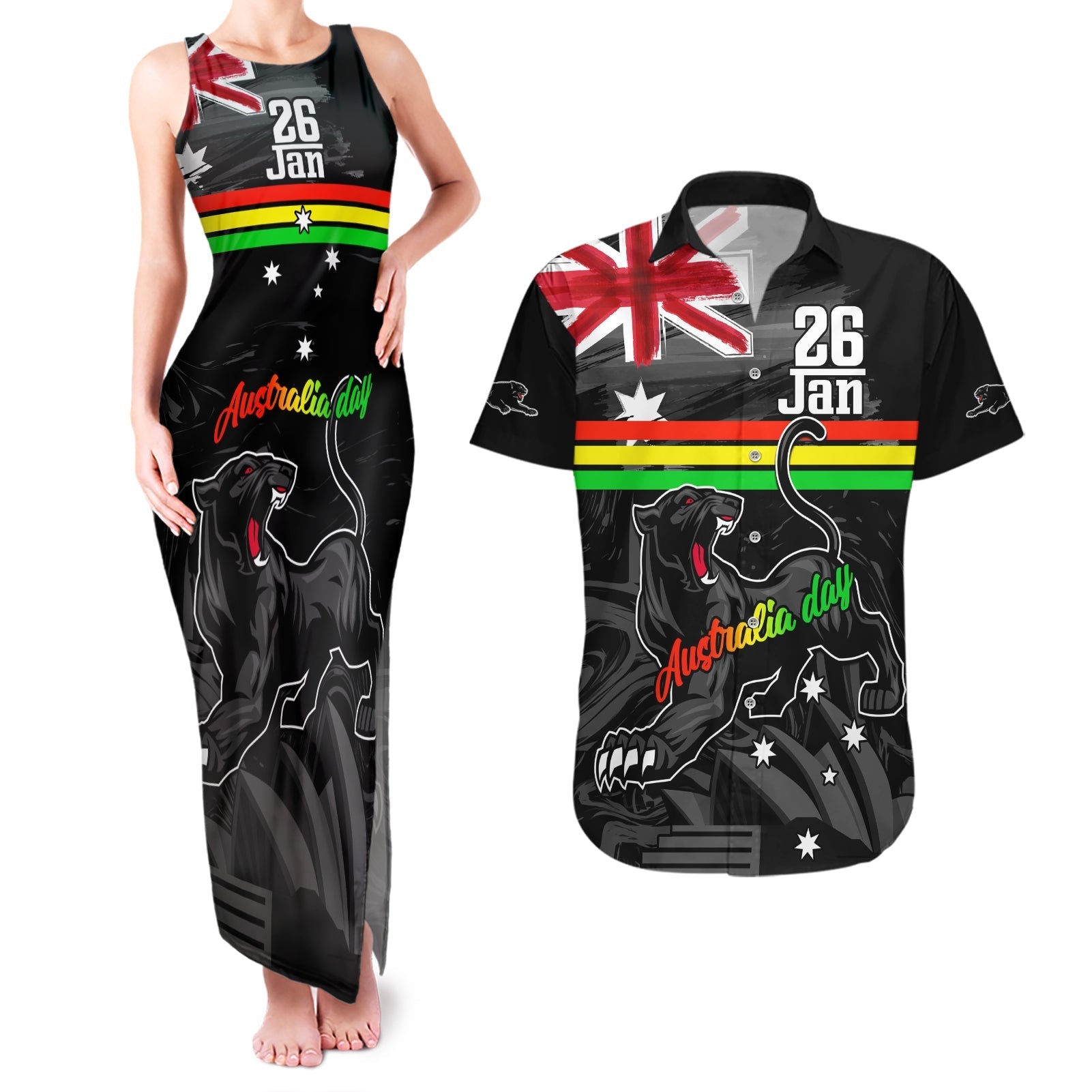 Personalised NRL Panthers Australia Day Couples Matching Tank Maxi Dress and Hawaiian Shirt Proud Of Our Boys Black