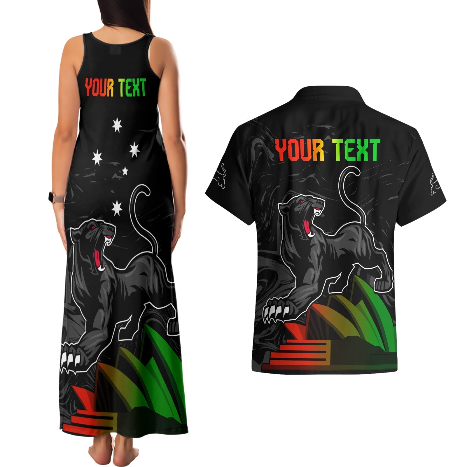 Personalised NRL Panthers Australia Day Couples Matching Tank Maxi Dress and Hawaiian Shirt Proud Of Our Boys Black