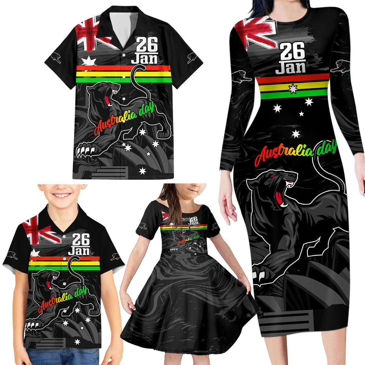 Personalised NRL Panthers Australia Day Family Matching Long Sleeve Bodycon Dress and Hawaiian Shirt Proud Of Our Boys Black