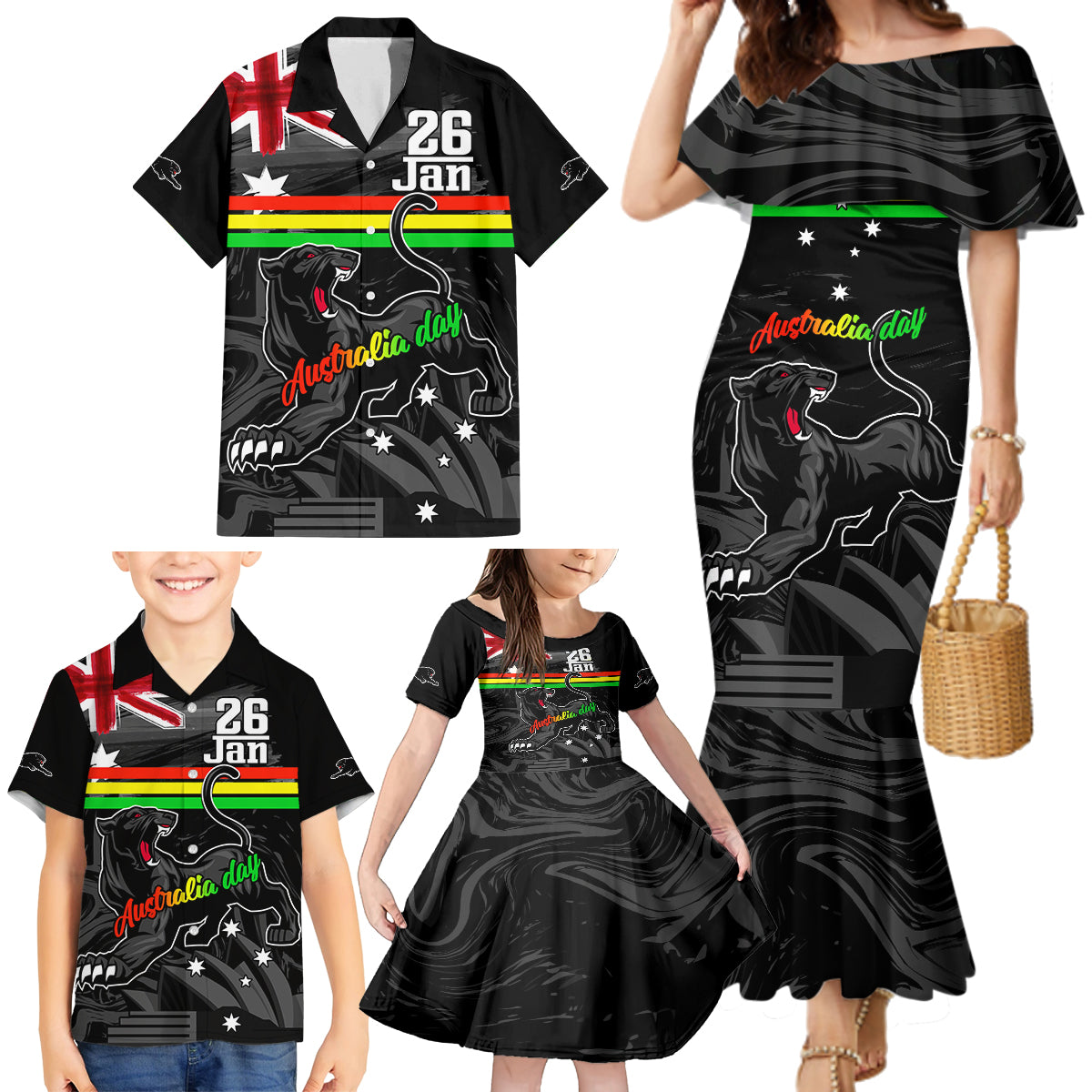 Personalised NRL Panthers Australia Day Family Matching Mermaid Dress and Hawaiian Shirt Proud Of Our Boys Black