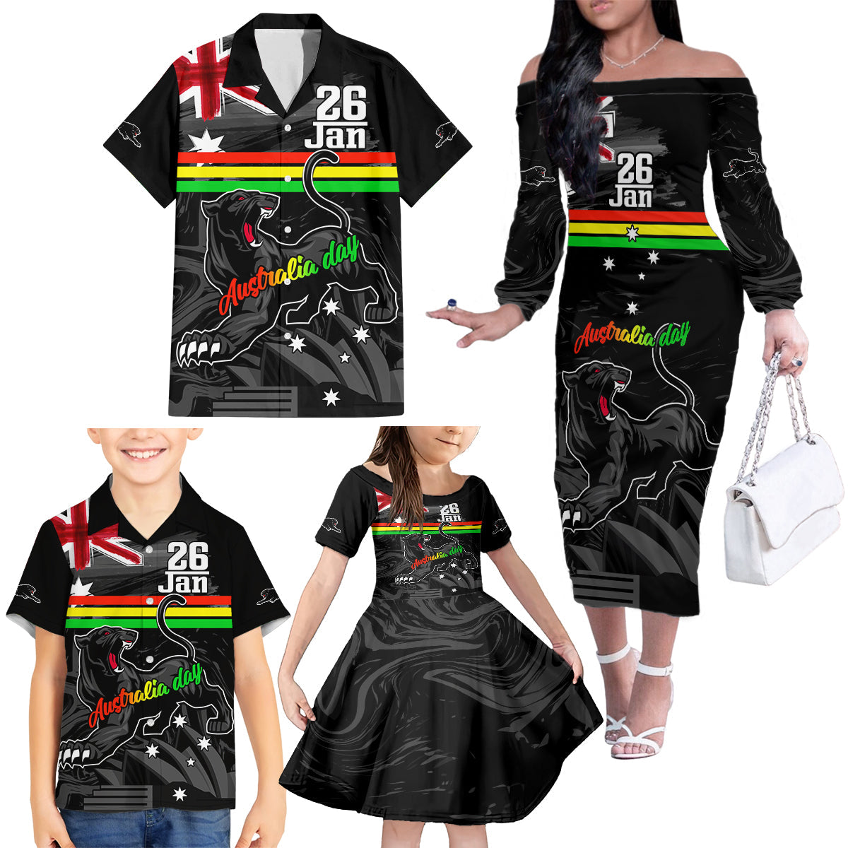 Personalised NRL Panthers Australia Day Family Matching Off Shoulder Long Sleeve Dress and Hawaiian Shirt Proud Of Our Boys Black