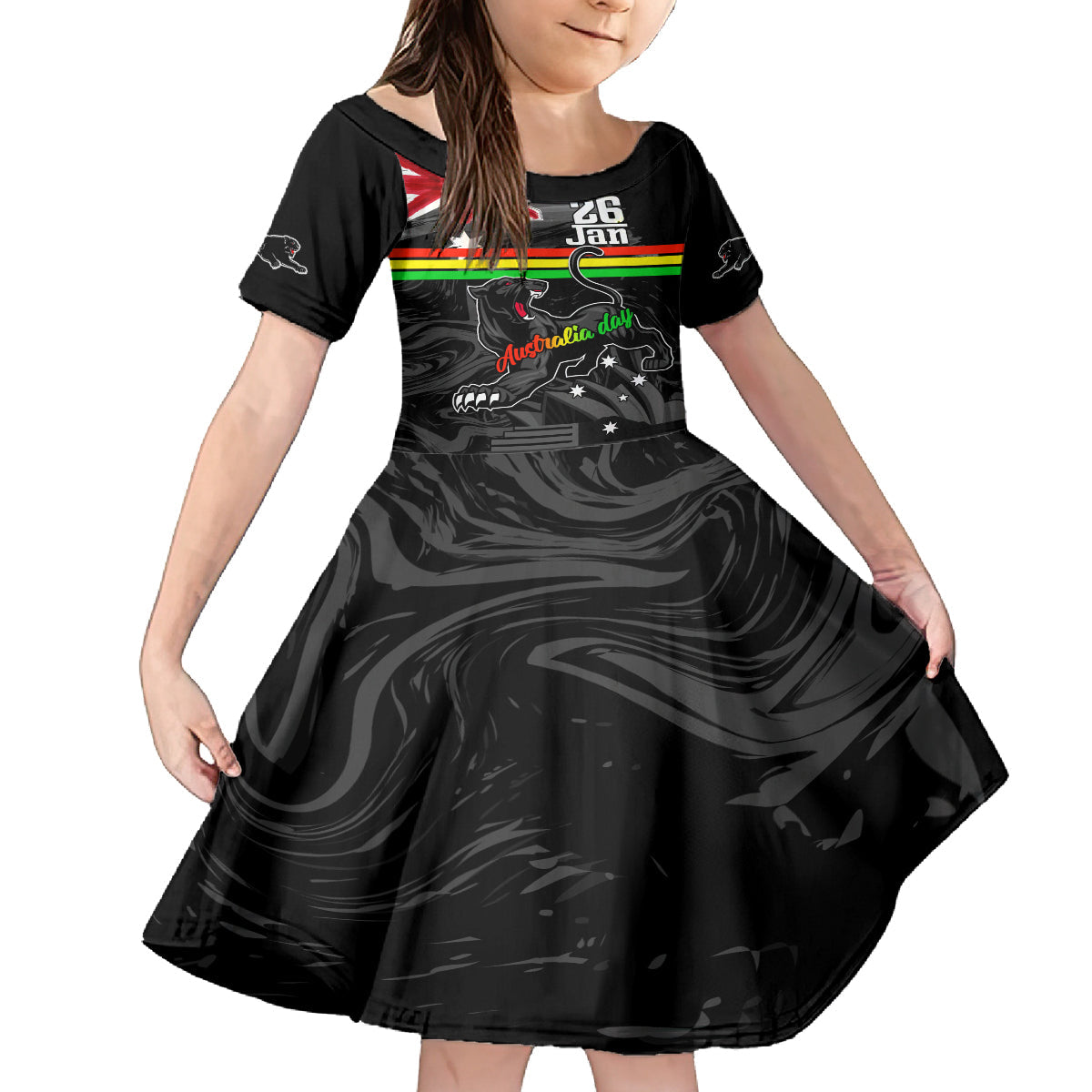 Personalised NRL Panthers Australia Day Family Matching Off Shoulder Long Sleeve Dress and Hawaiian Shirt Proud Of Our Boys Black