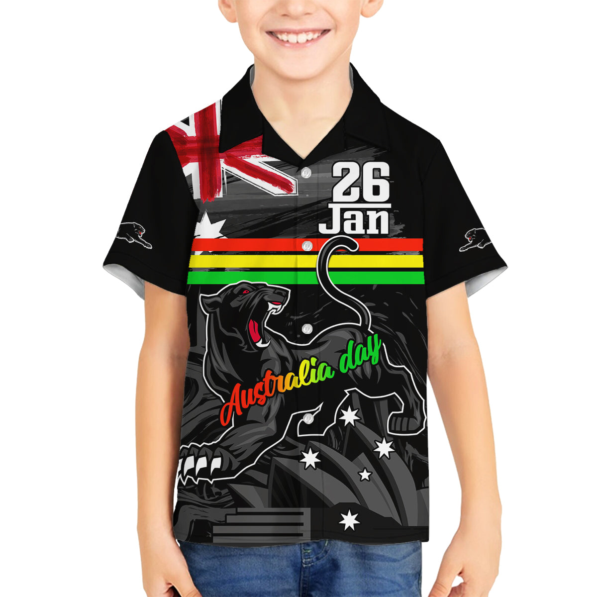 Personalised NRL Panthers Australia Day Family Matching Off Shoulder Long Sleeve Dress and Hawaiian Shirt Proud Of Our Boys Black