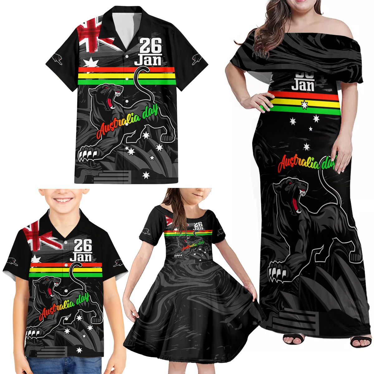 Personalised NRL Panthers Australia Day Family Matching Off Shoulder Maxi Dress and Hawaiian Shirt Proud Of Our Boys Black