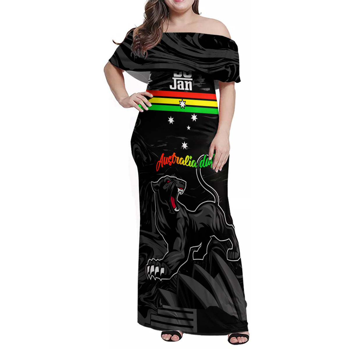 Personalised NRL Panthers Australia Day Family Matching Off Shoulder Maxi Dress and Hawaiian Shirt Proud Of Our Boys Black