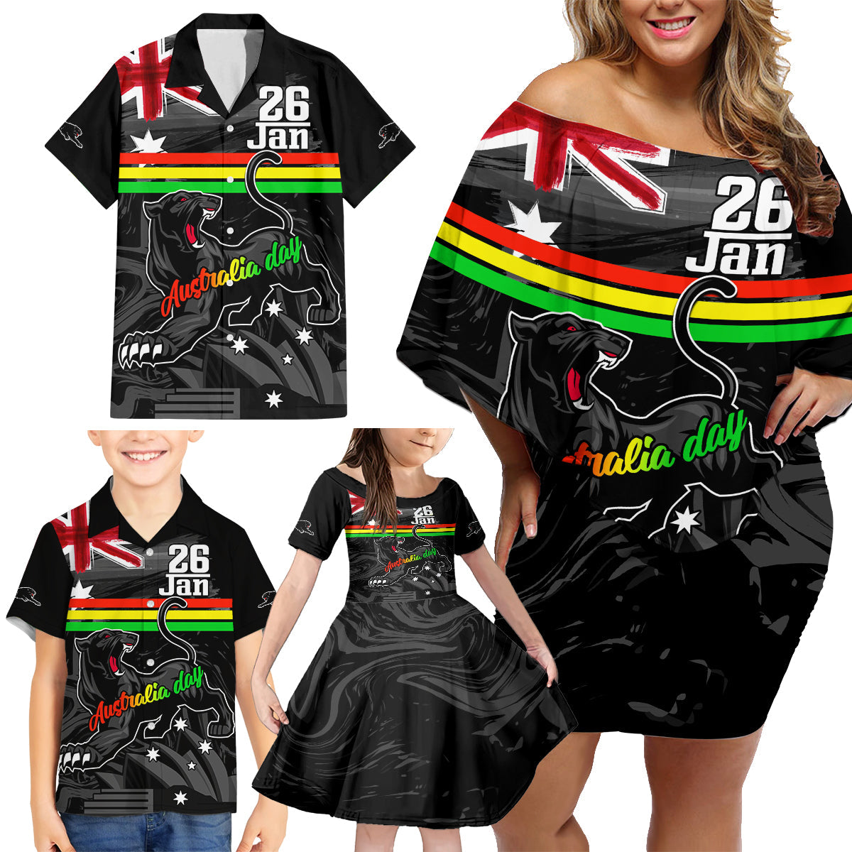 Personalised NRL Panthers Australia Day Family Matching Off Shoulder Short Dress and Hawaiian Shirt Proud Of Our Boys Black