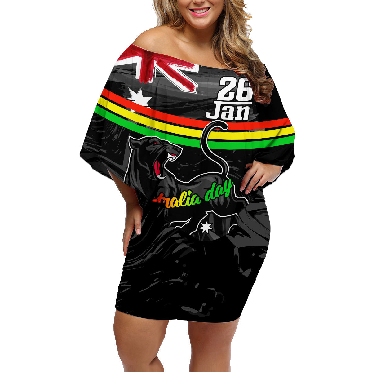 Personalised NRL Panthers Australia Day Family Matching Off Shoulder Short Dress and Hawaiian Shirt Proud Of Our Boys Black