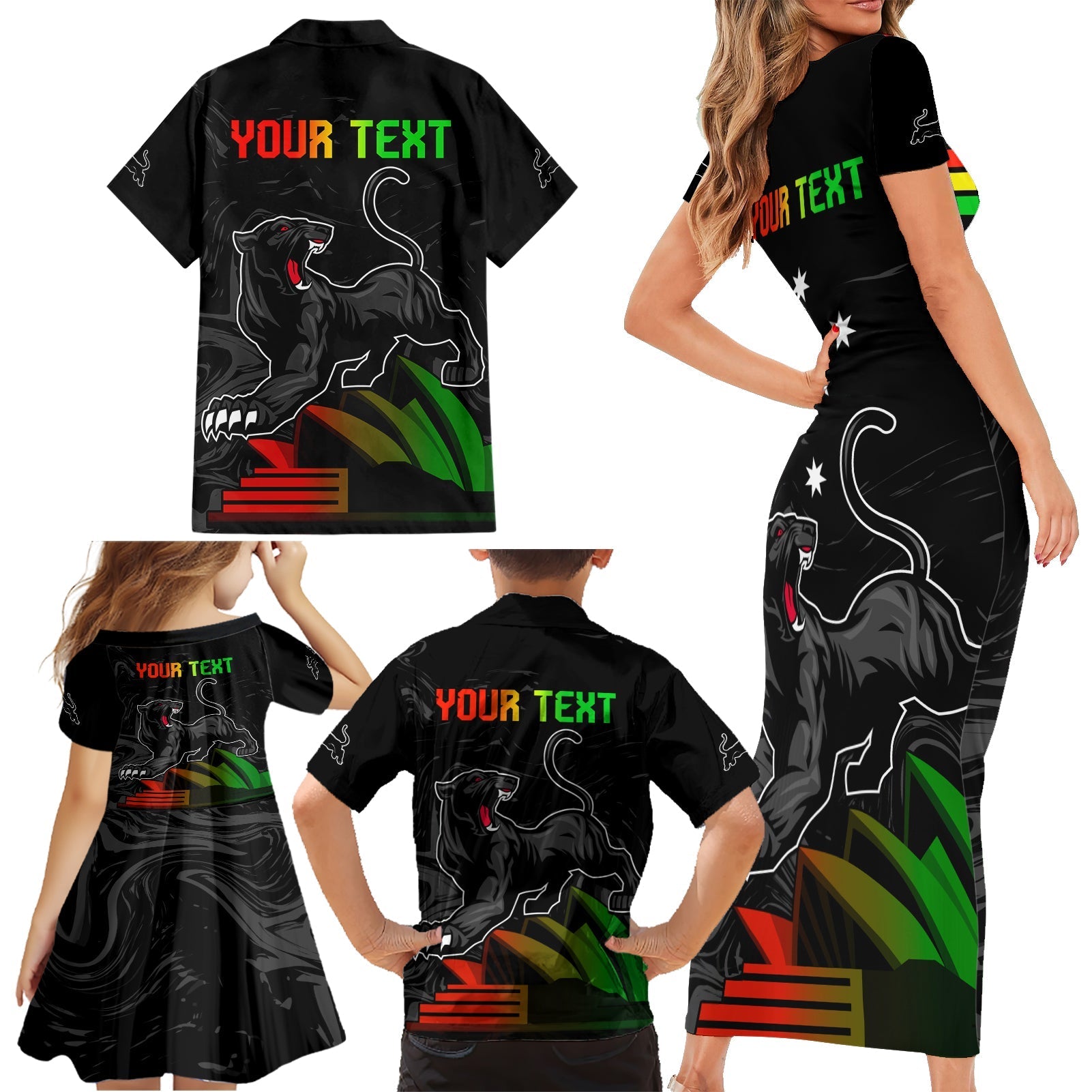 Personalised NRL Panthers Australia Day Family Matching Short Sleeve Bodycon Dress and Hawaiian Shirt Proud Of Our Boys Black